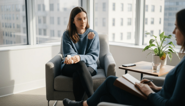 Young woman talking in therapy office