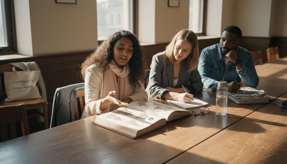 Students discussing fashion history in classroom