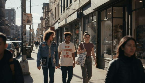Young adults wear activist fashion on city sidewalk