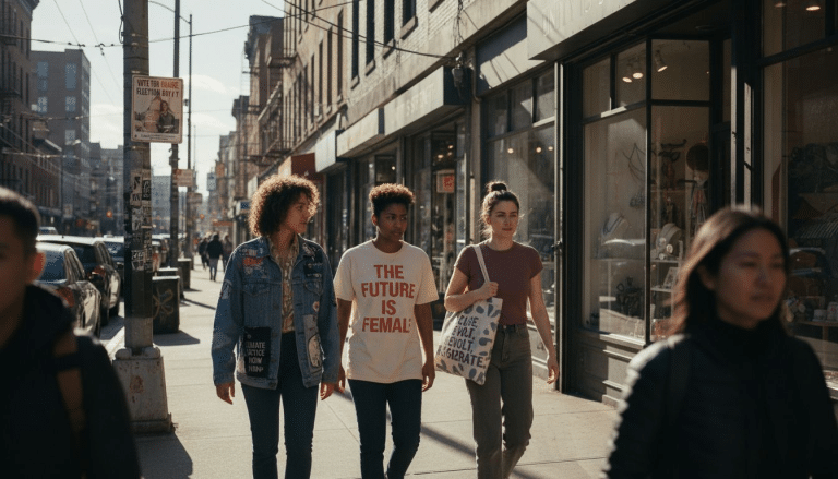 Young adults wear activist fashion on city sidewalk
