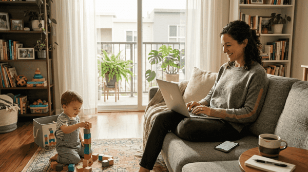 Woman multitasking work and family at home