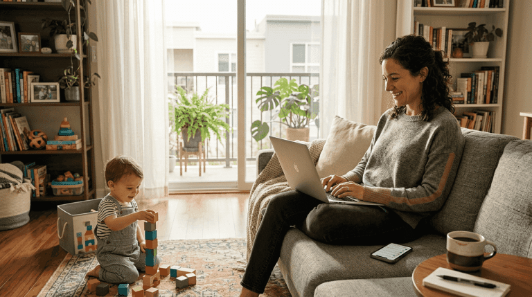 Woman multitasking work and family at home