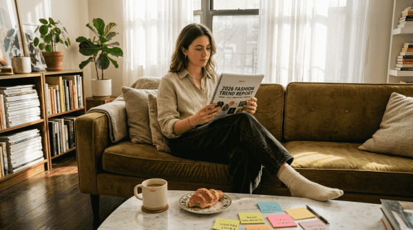 Woman reading 2026 trend report at home