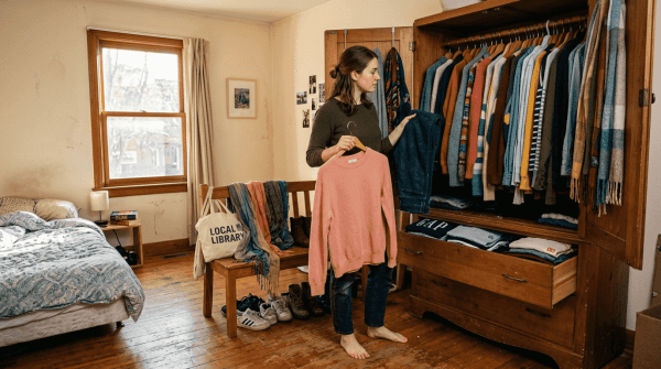 Young woman selecting clothes from seasonal wardrobe