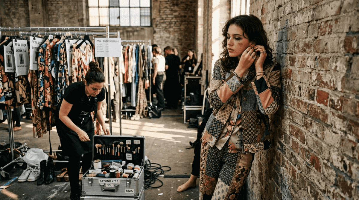 Model backstage at fashion week runway