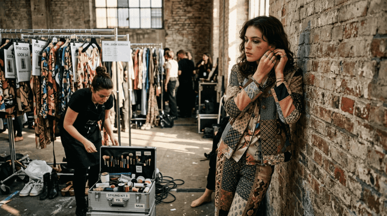 Model backstage at fashion week runway