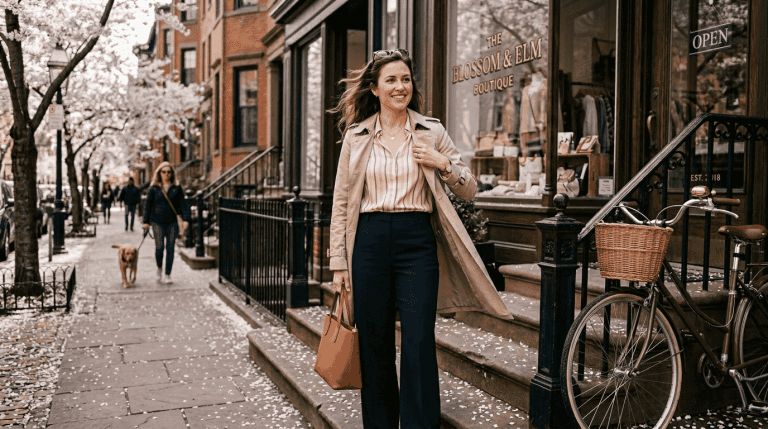 Confident woman in spring wardrobe outside boutique