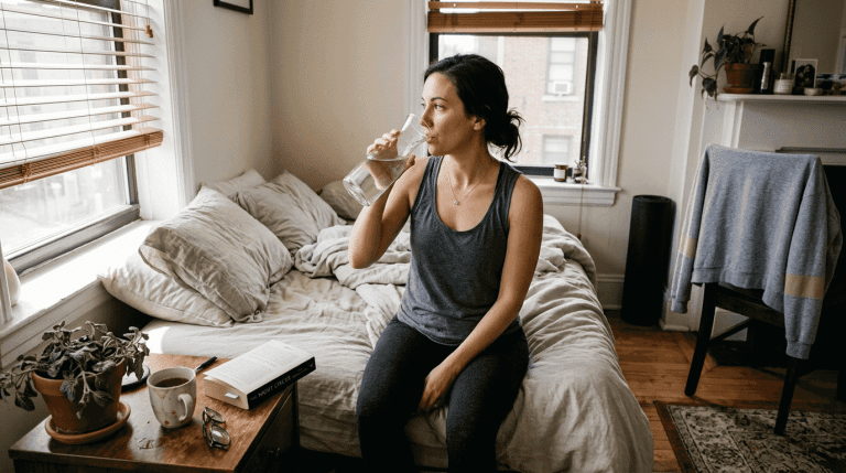 Woman begins wellness morning in city apartment