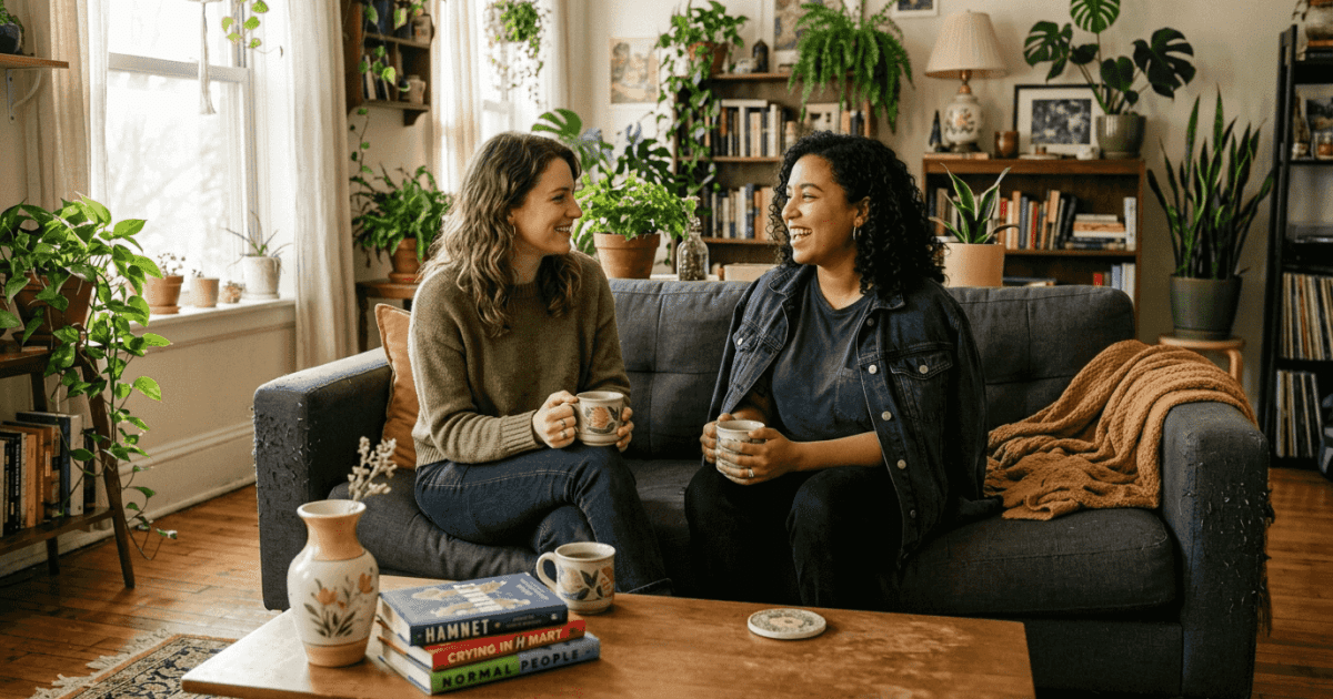 Female friends chatting on cozy sofa