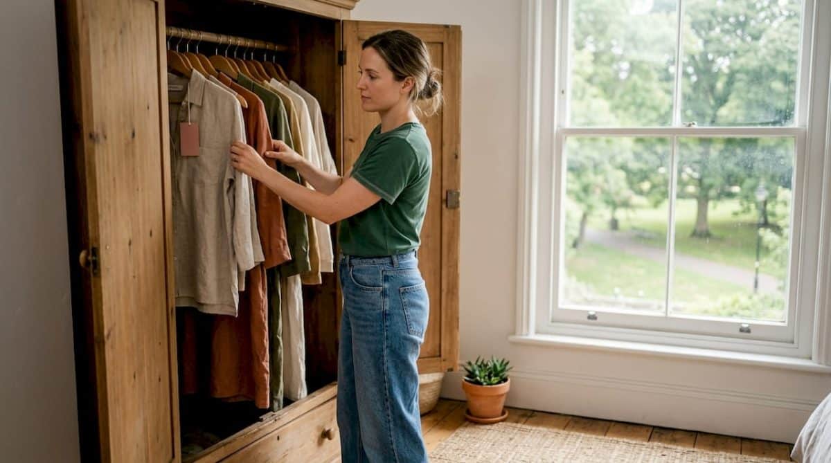 Woman arranging eco-friendly clothing in bright bedroom