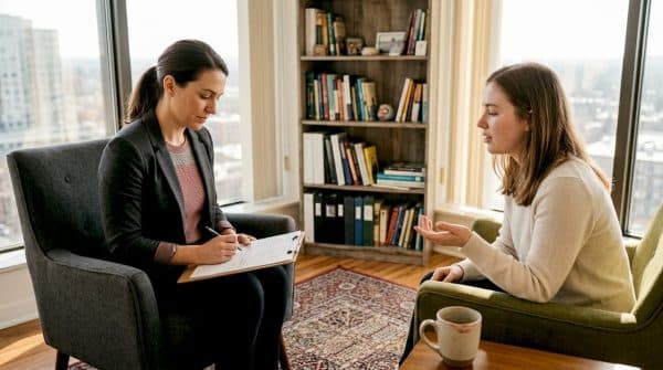 Women therapy session in corner office