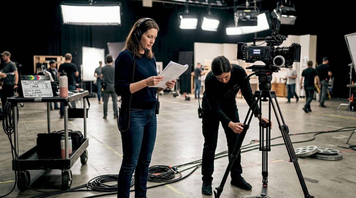 Female director leads film set behind cameras