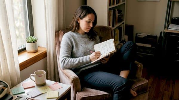 Woman reviewing notes in home office sunlight
