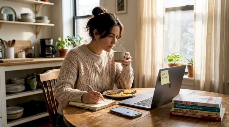 Woman journaling empowerment goals at kitchen table