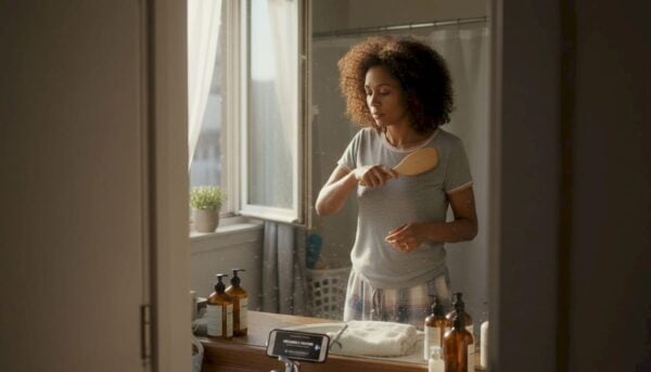 Woman embraces self-care in home bathroom