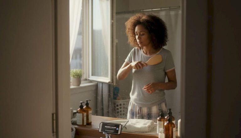 Woman embraces self-care in home bathroom