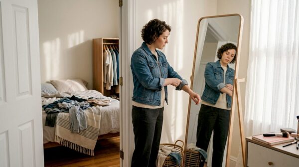 Woman adjusting outfit in front of bedroom mirror
