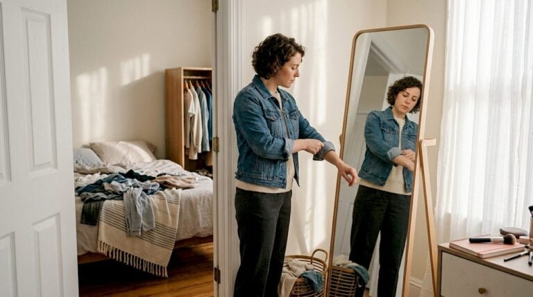 Woman adjusting outfit in front of bedroom mirror