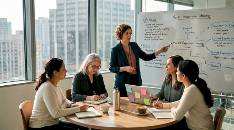 Women leading strategy meeting in office