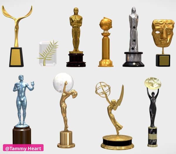 Award trophies including Oscar, Golden Globe, Emmy