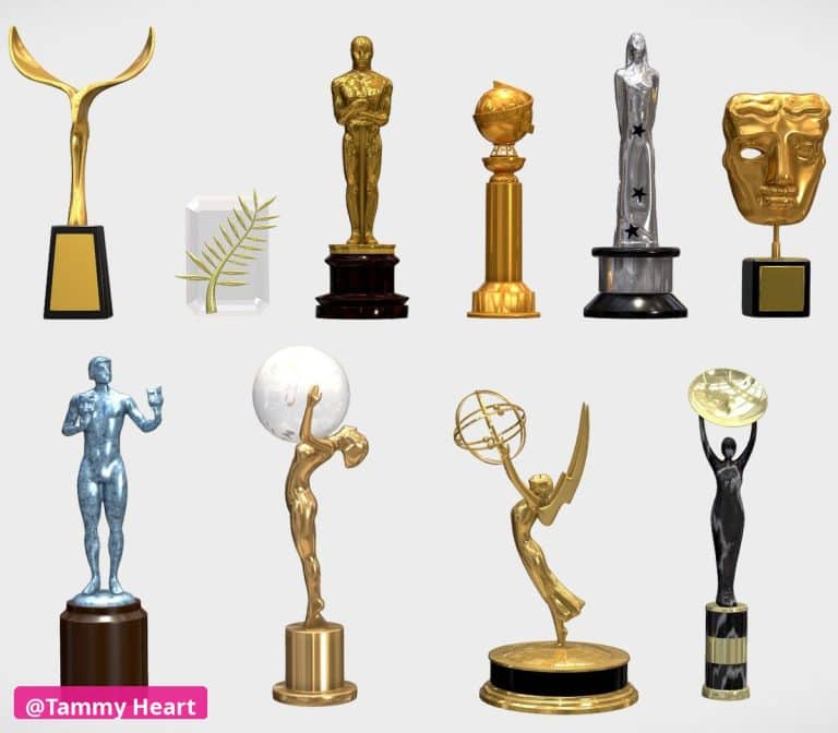 Award trophies including Oscar, Golden Globe, Emmy