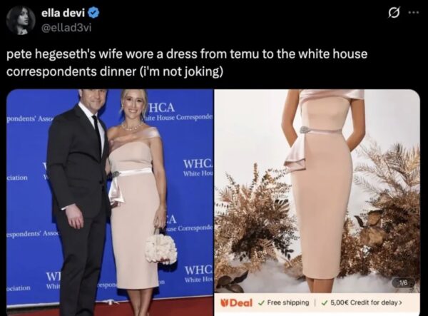 Pete Hegseth's Wife Shocks WHCD With $30 Temu Dress